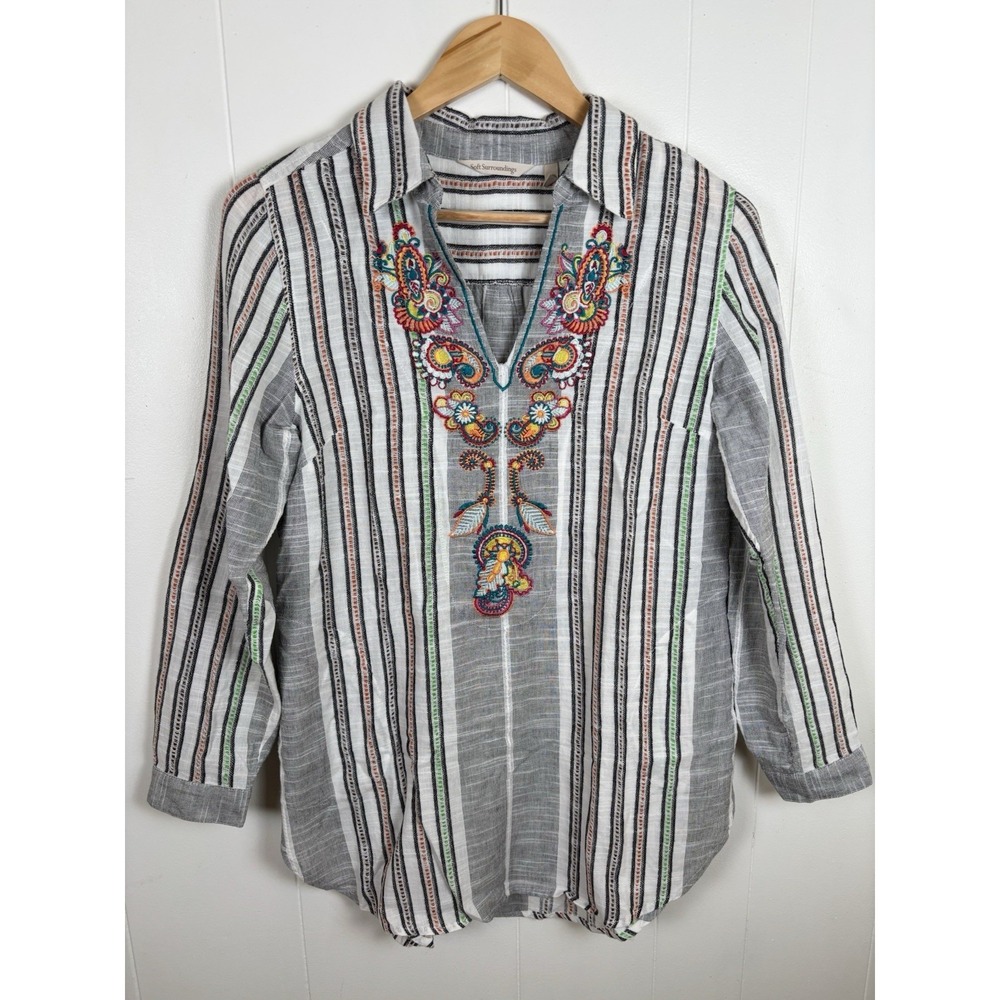Soft Surroundings Size XS Aruba Popover Embroidered Striped‎ 100% Cotton Tunic